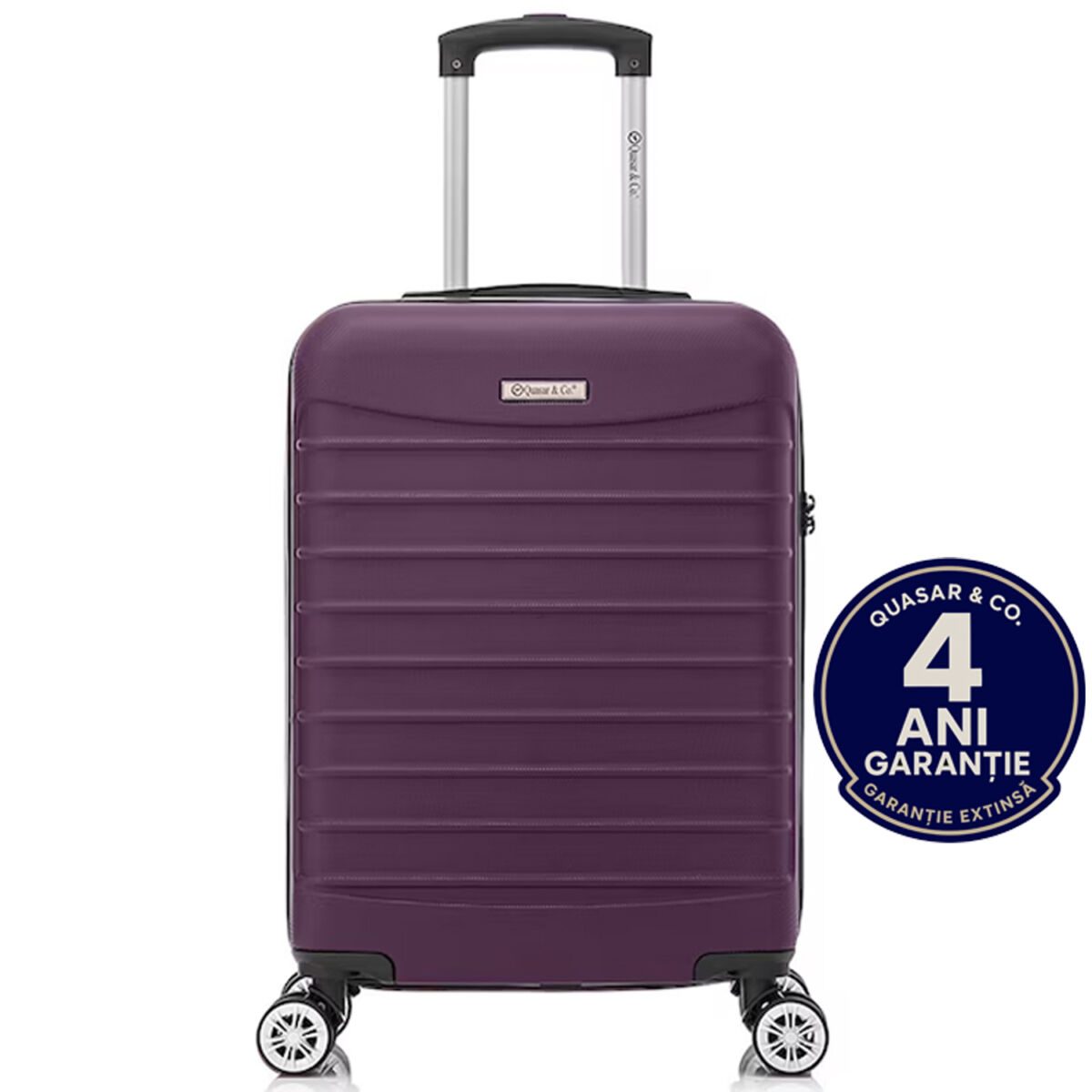 Troler cabina avion Quasar & Co.®, 55x36x20cm, bagaj de mana, troller cu fermoar antifurt, cifru, maner telescopic lung, geamantan cu 4 roti duble silentioase 360°, valiza ABS 2.8 mm, rezistent, 2 compartimente cu buzunar, 10kg, LINE, mov
