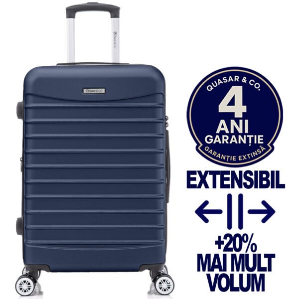Troler mare extensibil Quasar & Co.®, 77x49x31-36cm, bagaj de cala, troller avion cu fermoar antifurt, cifru, maner telescopic, geamantan cu 4 roti duble silentioase 360°, valiza ABS 2.8 mm, 2 compartimente cu buzunar, LINE, Bleumarin Trolere mari 2026-04-18 2