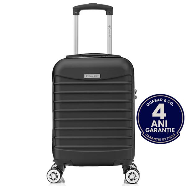 Troler cabina avion Quasar & Co.®, 40x30x20cm, bagaj de mana, troller cu fermoar sigur, cifru, maner telescopic lung, geamantan cu 4 roti duble, detasabile, 360°, valiza ABS 2.8 mm, rezistent, 2 compartimente cu buzunar, 10kg, LINE, negru Trolere cabina 2026-04-18 2