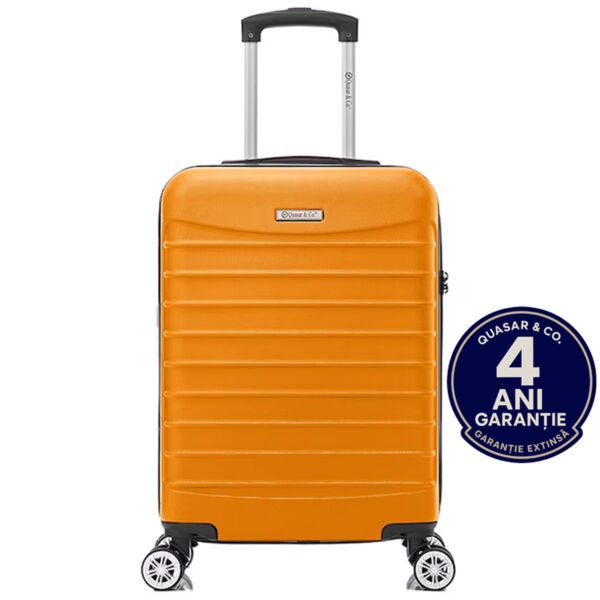 Troler cabina avion Quasar & Co.®, 55x36x20cm, bagaj de mana, troller cu fermoar antifurt, cifru, maner telescopic lung, geamantan cu 4 roti duble silentioase 360°, valiza ABS 2.8 mm, rezistent, 2 compartimente cu buzunar, 10kg, LINE, portocaliu - imagine 1