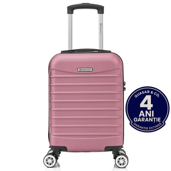 Troler cabina avion Quasar & Co.®, 40x30x20cm, bagaj de mana, troller cu fermoar sigur, cifru, maner telescopic lung, geamantan cu 4 roti duble, detasabile, 360°, valiza ABS 2.8 mm, rezistent, 2 compartimente cu buzunar, 10kg, LINE, roz pudrat Trolere cabina 2026-04-18 2