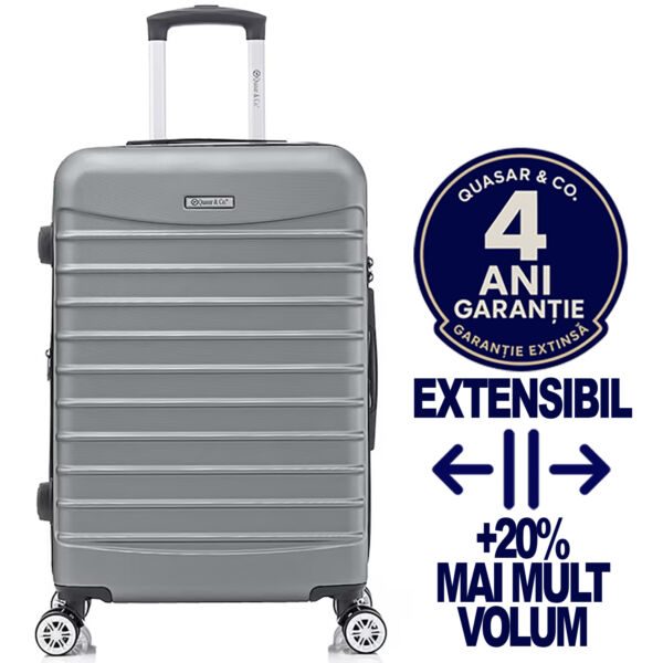 Troler mare extensibil Quasar & Co.®, 77x49x31-36cm, bagaj de cala, troller avion cu fermoar antifurt, cifru, maner telescopic, geamantan cu 4 roti duble silentioase 360°, valiza ABS 2.8 mm, 2 compartimente cu buzunar, LINE, Argintiu Trolere mari 2026-04-18 2