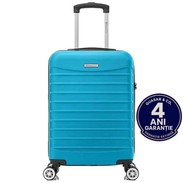 Troler cabina avion Quasar & Co.®, 55x36x20cm, bagaj de mana, troller cu fermoar antifurt, cifru, maner telescopic lung, geamantan cu 4 roti duble silentioase 360°, valiza ABS 2.8 mm, rezistent, 2 compartimente cu buzunar, 10kg, LINE, turcoaz - imagine 1