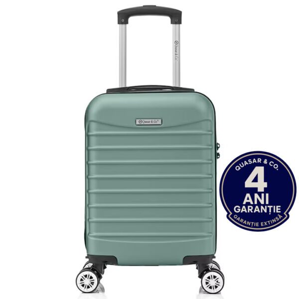 Troler cabina avion Quasar & Co.®, 40x30x20cm, bagaj de mana, troller cu fermoar sigur, cifru, maner telescopic lung, geamantan cu 4 roti duble, detasabile, 360°, valiza ABS 2.8 mm, rezistent, 2 compartimente cu buzunar, 10kg, LINE, turcoaz Trolere cabina 2026-04-18 2