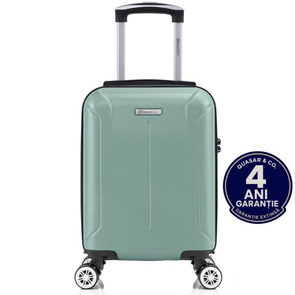 Troler cabina avion Quasar & Co.®, 40x30x20cm, bagaj de mana, troller cu cifru, valiza 4 roti duble detasabile 360°, fermoar antifurt, maner telescopic lung, geamantan din ABS extradur, captuseala buretata, 2 compartimente, buzunar, SMART, Turcoaz deschis