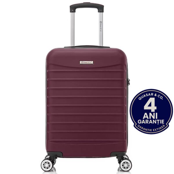 Troler cabina avion Quasar & Co.®, 55x36x20cm, bagaj de mana, troller cu fermoar antifurt, cifru, maner telescopic lung, geamantan cu 4 roti duble silentioase 360°, valiza ABS 2.8 mm, rezistent, 2 compartimente cu buzunar, 10kg, LINE, visiniu Trolere cabina 2026-04-18 2