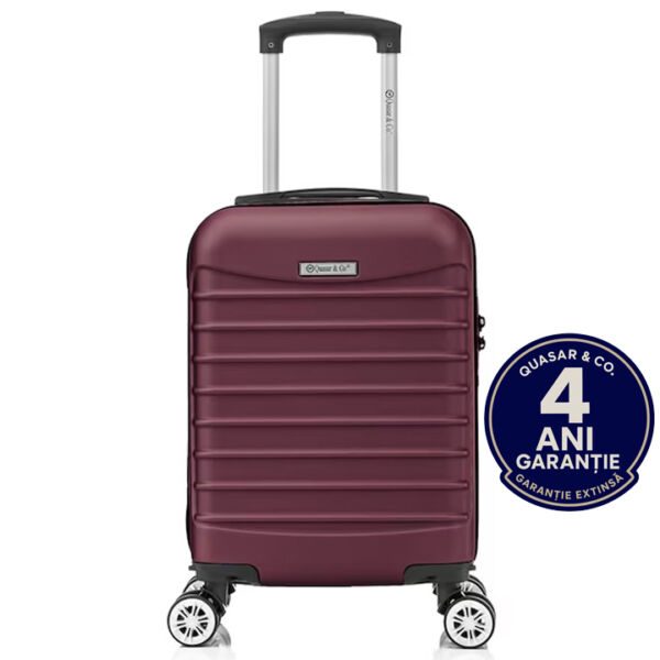 Troler cabina avion Quasar & Co.®, 40x30x20cm, bagaj de mana, troller cu fermoar sigur, cifru, maner telescopic lung, geamantan cu 4 roti duble, detasabile, 360°, valiza ABS 2.8 mm, rezistent, 2 compartimente cu buzunar, 10kg, LINE, visiniu Trolere cabina 2026-04-18 2