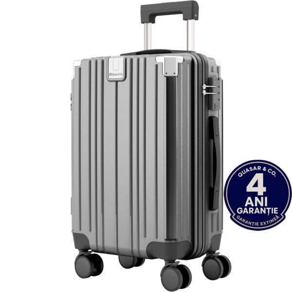 Troler mare Quasar & Co.®, 75x49x30cm, bagaj de cala, troller cu cifru, maner telescopic, geamantan cu 4 roti duble silentioase 360°, valiza ABS+PC, suport pahar, ZENO, gri - imagine 1