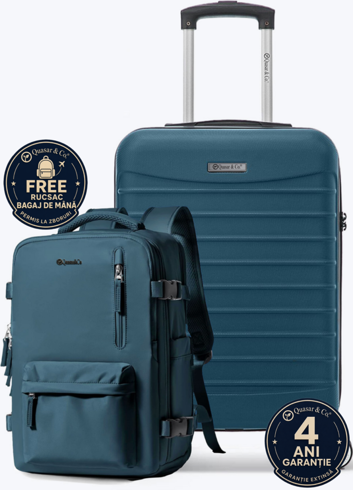 Set troler cabina si rucsac Quasar & Co.®, 55x38x21cm/43x30x20 cm, bagaj de mana, troller cu rucsac calatorie avion, Priority Pack-Line, ABS/pes, albastru petrol