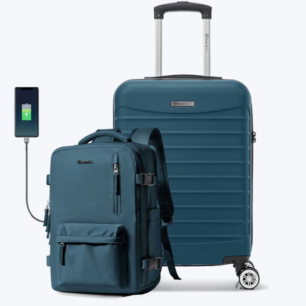 Set troler cabina si rucsac Quasar & Co.®, 55x35x20cm/43x30x20 cm, bagaj de mana, troller cu rucsac calatorie avion, Priority Pack-Line, ABS/pes, albastru petrol