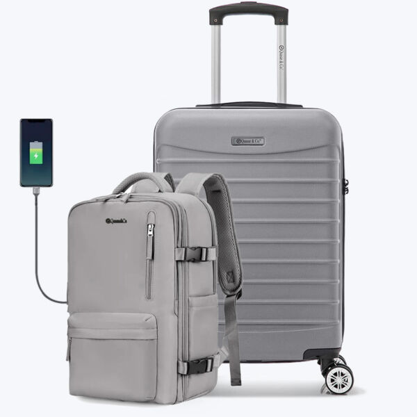 Set troler cabina si rucsac Quasar & Co.®, 55x35x20cm/43x30x20 cm, bagaj de mana, troller cu rucsac calatorie avion, Priority Pack-Line, ABS/pes, arginitiu