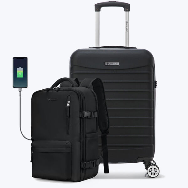 Set troler cabina si rucsac Quasar & Co.®, 55x35x20cm/43x30x20 cm, bagaj de mana, troller cu rucsac calatorie avion, Priority Pack-LINE, ABS/pes, negru