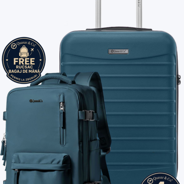 Set troler cabina si rucsac Quasar & Co.®, 55x38x21cm/43x30x20 cm, bagaj de mana, troller cu rucsac calatorie avion, Priority Pack-Line, ABS/pes, albastru petrol