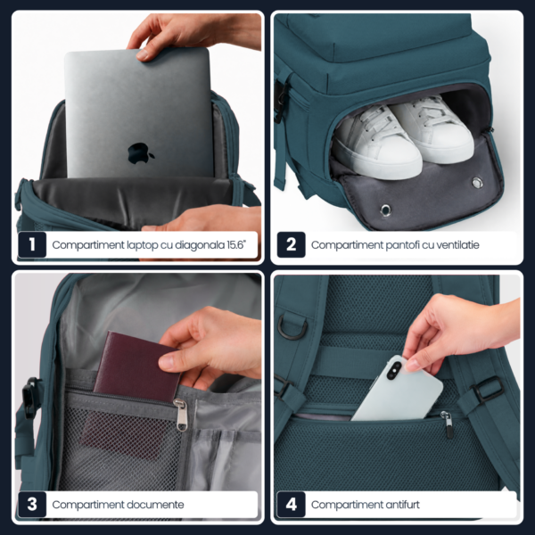 Set troler cabina si rucsac Quasar & Co.®, 55x38x21cm/43x30x20 cm, bagaj de mana, troller cu rucsac calatorie avion, Priority Pack-Line, ABS/pes, albastru petrol - imagine 11