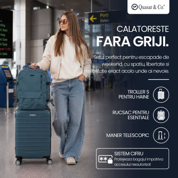Set troler cabina si rucsac Quasar & Co.®, 55x38x21cm/43x30x20 cm, bagaj de mana, troller cu rucsac calatorie avion, Priority Pack-Line, ABS/pes, albastru petrol - imagine 15