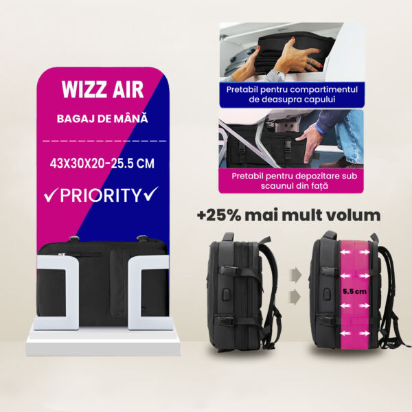 Set troler cabina si rucsac Quasar & Co.®, 55x35x20cm/43x30x20 cm, bagaj de mana, troller cu rucsac calatorie avion, Priority Pack-SMART, ABS/pes, negru