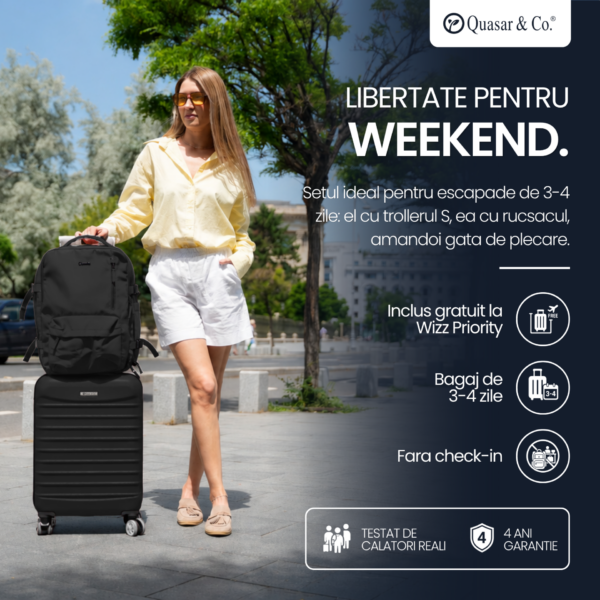 Set troler cabina si rucsac Quasar & Co.®, 55x38x21cm/43x30x20 cm, bagaj de mana, troller cu rucsac calatorie avion, Priority Pack-LINE, ABS/pes, negru