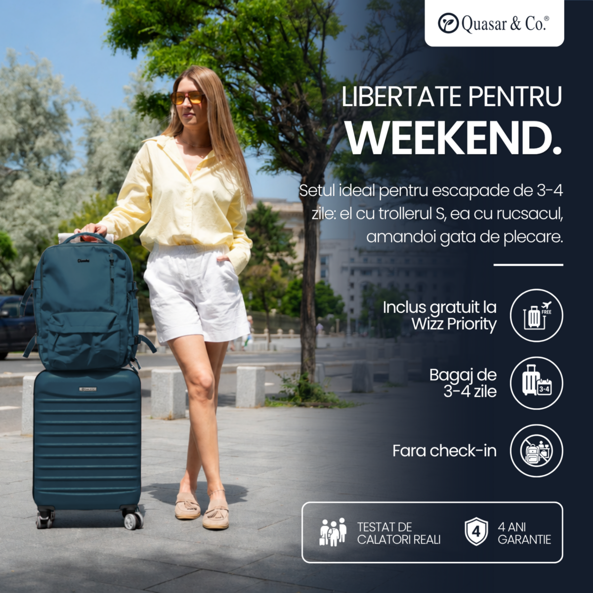 Set troler cabina si rucsac Quasar & Co.®, 55x38x21cm/43x30x20 cm, bagaj de mana, troller cu rucsac calatorie avion, Priority Pack-Line, ABS/pes, albastru petrol 2
