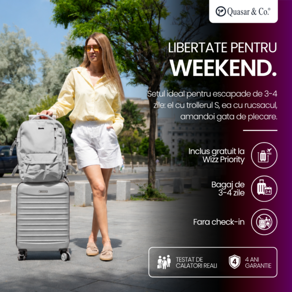 Set troler cabina si rucsac Quasar & Co.®, 55x38x21cm/43x30x20 cm, bagaj de mana, troller cu rucsac calatorie avion, Priority Pack-Line, ABS/pes, arginitiu