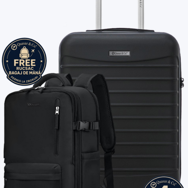 Set troler cabina si rucsac Quasar & Co.®, 55x38x21cm/43x30x20 cm, bagaj de mana, troller cu rucsac calatorie avion, Priority Pack-LINE, ABS/pes, negru