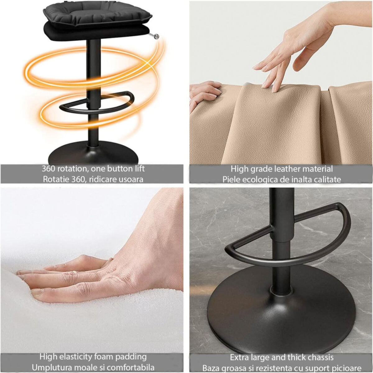 Set 2 scaune de bar, Quasar & Co.®, rotativ, sistem rotire 360°, inalt, reglabil pe inaltime, suport picioare, pretabil bucatarie, metal/piele ecologica/burete, CLEO, beige 5