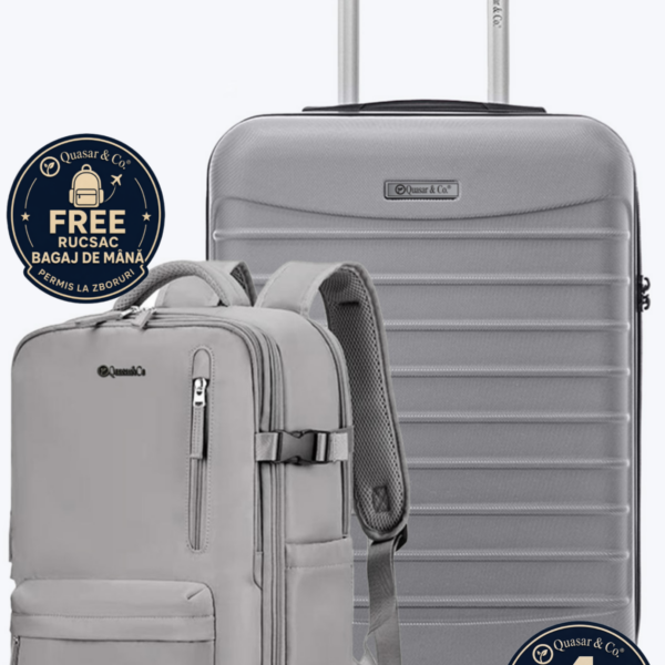 Set troler cabina si rucsac Quasar & Co.®, 55x38x21cm/43x30x20 cm, bagaj de mana, troller cu rucsac calatorie avion, Priority Pack-Line, ABS/pes, arginitiu