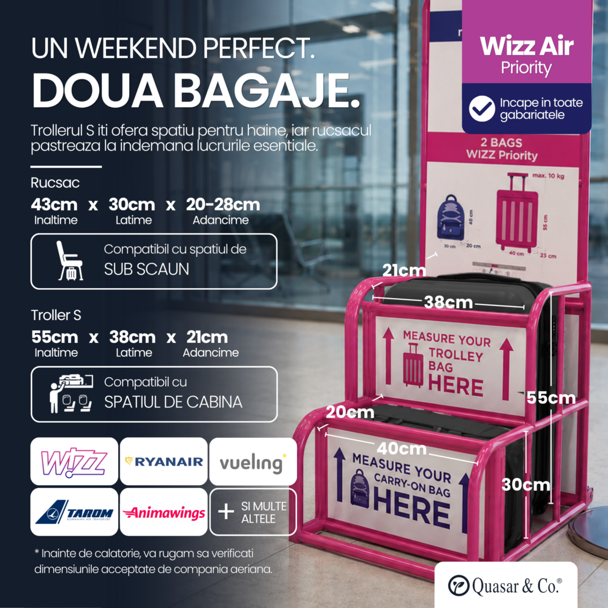 Set troler cabina si rucsac Quasar & Co.®, 55x38x21cm/43x30x20 cm, bagaj de mana, troller cu rucsac calatorie avion, Priority Pack-Line, ABS/pes, albastru petrol 3
