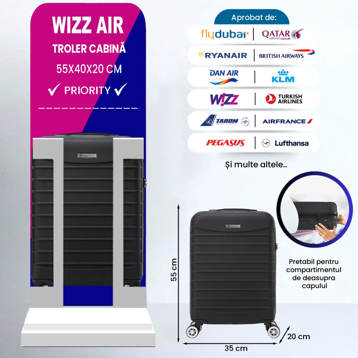Set troler cabina si rucsac Quasar & Co.®, 55x35x20cm/43x30x20 cm, bagaj de mana, troller cu rucsac calatorie avion, Priority Pack, ABS/pes, bleumarin 3 Set troler cabina si rucsac Quasar & Co.®, 55x35x20cm/43x30x20 cm, bagaj de mana, troller cu rucsac calatorie avion, Priority Pack, ABS/pes, bleumarin 3