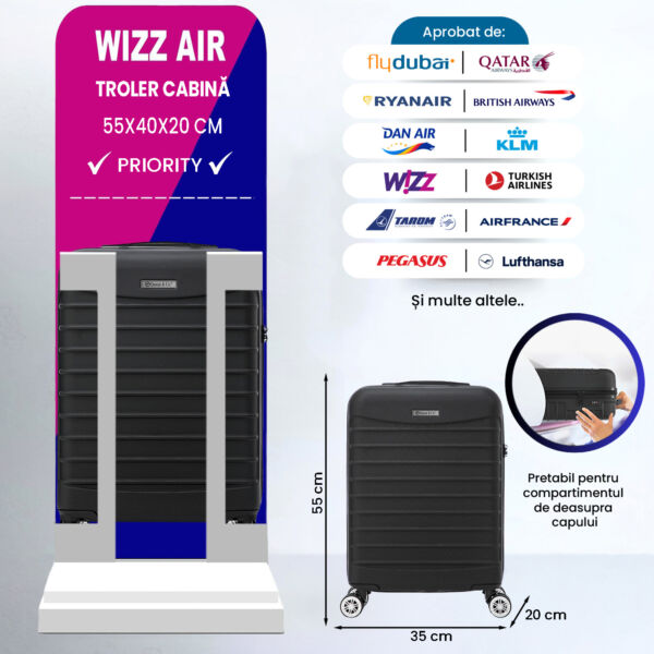 Set troler cabina si rucsac Quasar & Co.®, 55x35x20cm/43x30x20 cm, bagaj de mana, troller cu rucsac calatorie avion, Priority Pack, ABS/pes, bleumarin - imagine 3