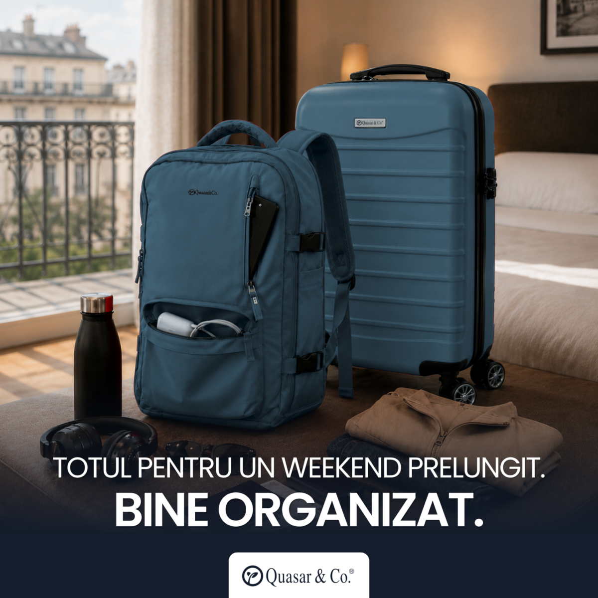 Set troler cabina si rucsac Quasar & Co.®, 55x38x21cm/43x30x20 cm, bagaj de mana, troller cu rucsac calatorie avion, Priority Pack-Line, ABS/pes, albastru petrol 4