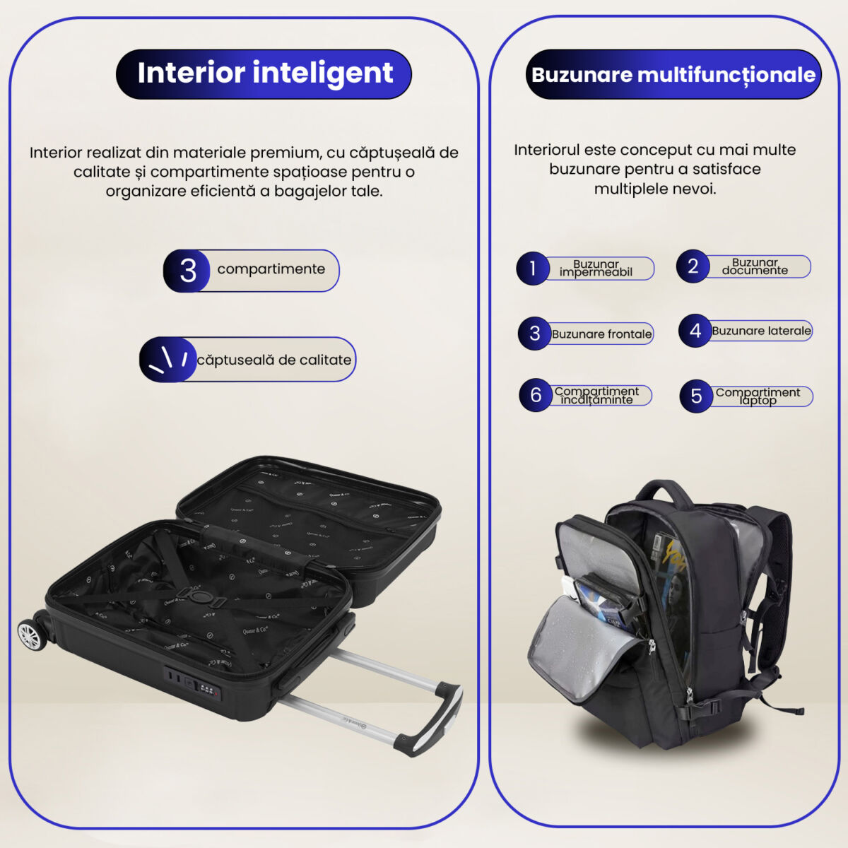 Set troler cabina si rucsac Quasar & Co.®, 55x35x20cm/43x30x20 cm, bagaj de mana, troller cu rucsac calatorie avion, Priority Pack, ABS/pes, bleumarin 4 Set troler cabina si rucsac Quasar & Co.®, 55x35x20cm/43x30x20 cm, bagaj de mana, troller cu rucsac calatorie avion, Priority Pack, ABS/pes, bleumarin 4