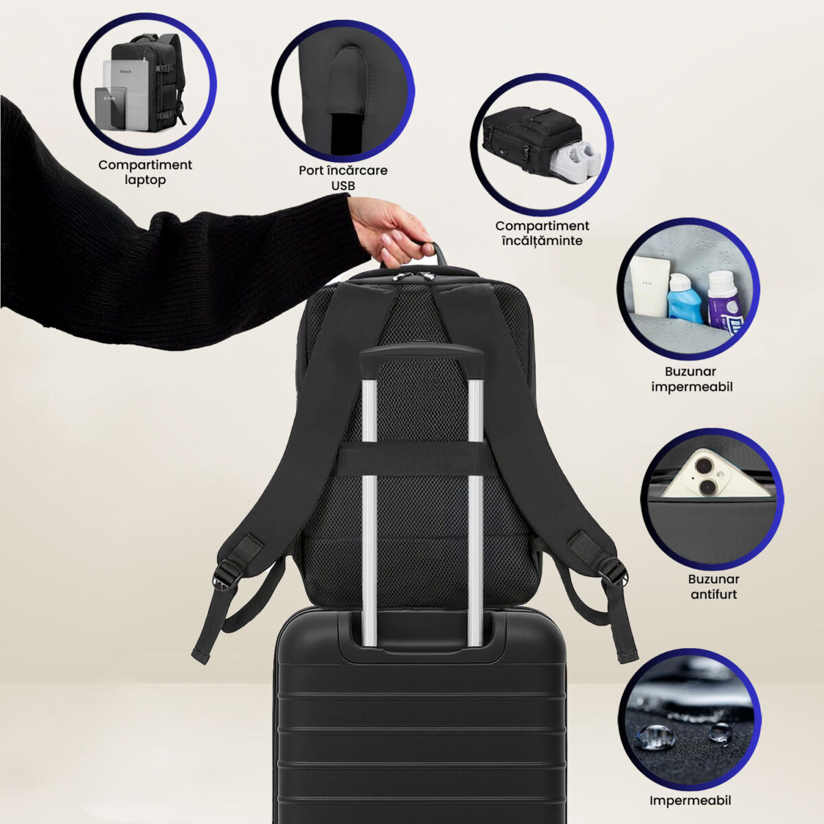 Set troler cabina si rucsac Quasar & Co.®, 55x35x20cm/43x30x20 cm, bagaj de mana, troller cu rucsac calatorie avion, Priority Pack, ABS/pes, bleumarin 5 Set troler cabina si rucsac Quasar & Co.®, 55x35x20cm/43x30x20 cm, bagaj de mana, troller cu rucsac calatorie avion, Priority Pack, ABS/pes, bleumarin 5