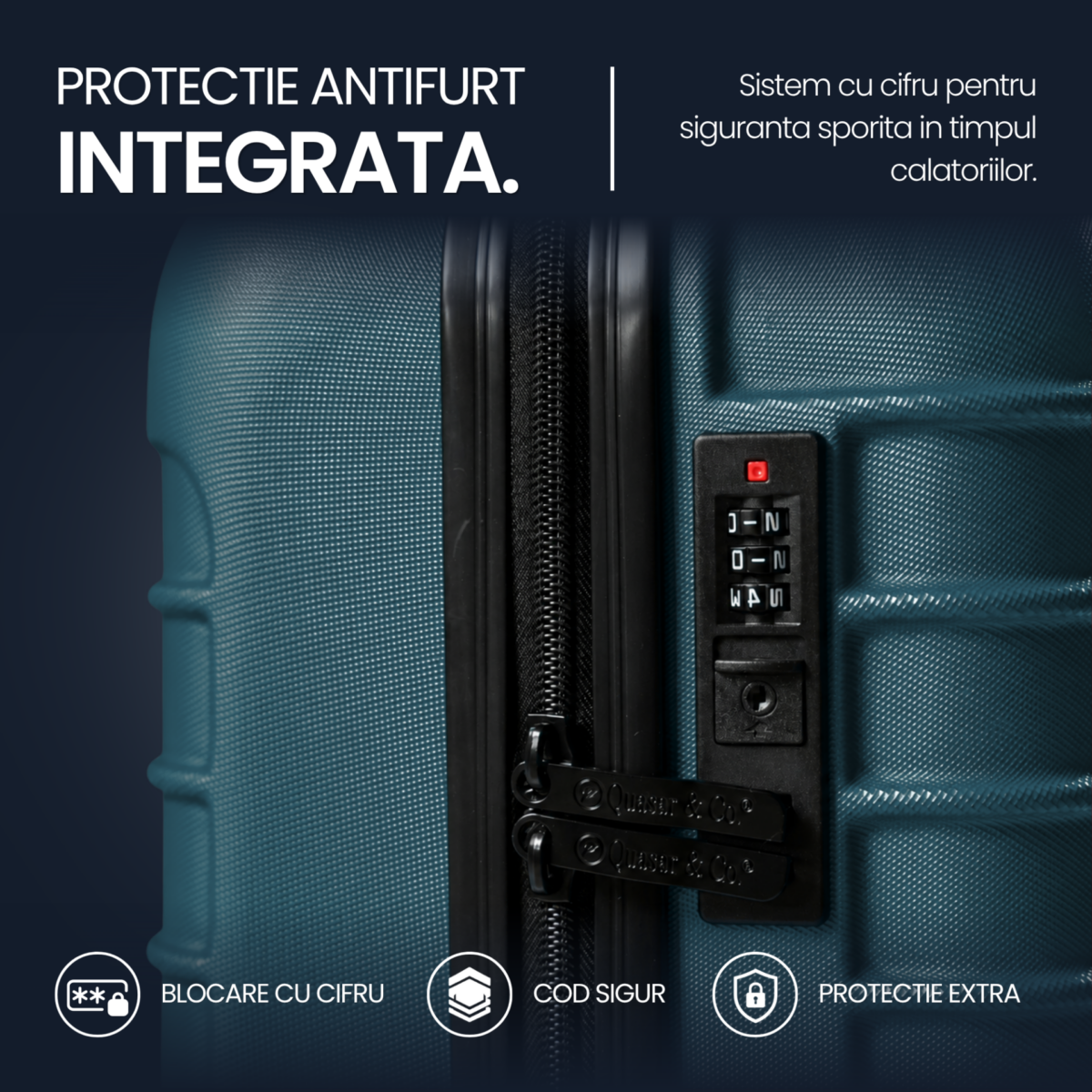 Set troler cabina si rucsac Quasar & Co.®, 55x38x21cm/43x30x20 cm, bagaj de mana, troller cu rucsac calatorie avion, Priority Pack-Line, ABS/pes, albastru petrol 5