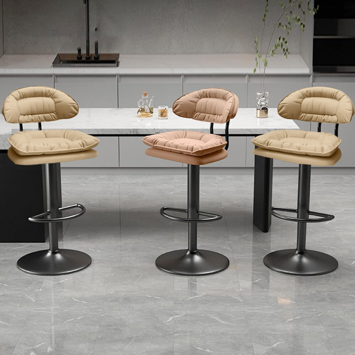 Scaun de bar Quasar & Co.®, rotativ, sistem rotire 360°, inalt, reglabil pe inaltime, suport picioare, scaune pretabile bucatarie, metal/piele ecologica/burete, CLEO, beige 4