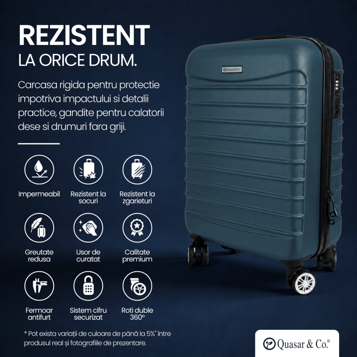Set troler cabina si rucsac Quasar & Co.®, 55x38x21cm/43x30x20 cm, bagaj de mana, troller cu rucsac calatorie avion, Priority Pack-Line, ABS/pes, albastru petrol 7
