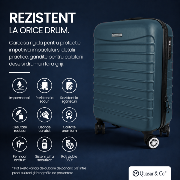 Set troler cabina si rucsac Quasar & Co.®, 55x38x21cm/43x30x20 cm, bagaj de mana, troller cu rucsac calatorie avion, Priority Pack-Line, ABS/pes, albastru petrol - imagine 7