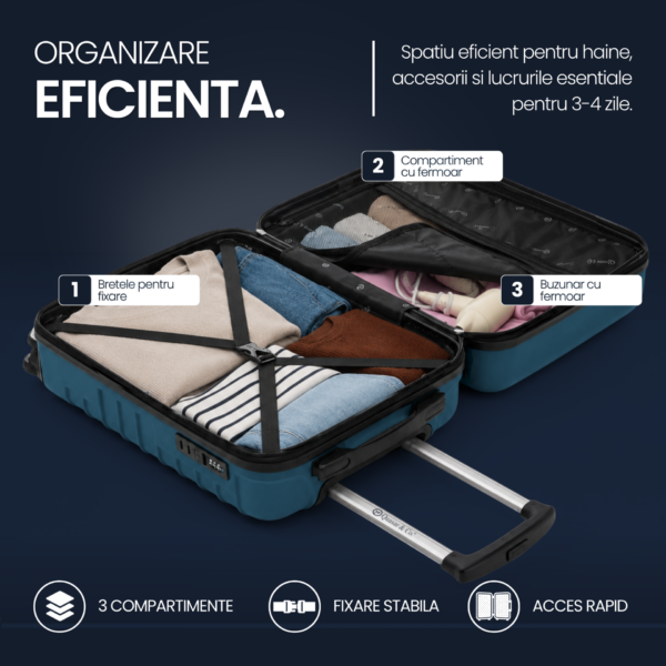 Set troler cabina si rucsac Quasar & Co.®, 55x38x21cm/43x30x20 cm, bagaj de mana, troller cu rucsac calatorie avion, Priority Pack-Line, ABS/pes, albastru petrol - imagine 9