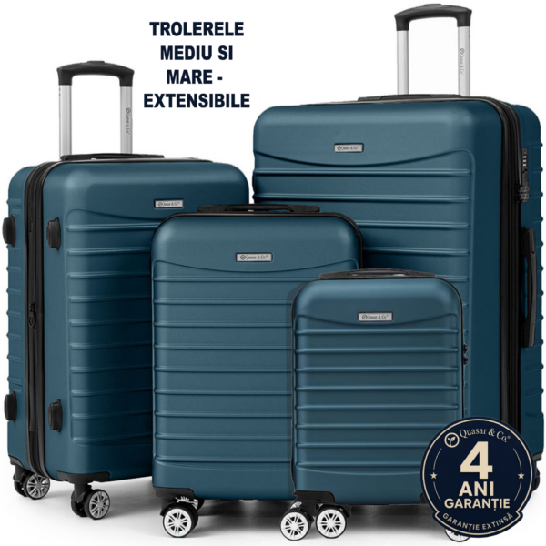 Set 4 trolere Quasar & Co.®, XS/S/M/L, valize cu fermoar antifurt, bagaje mana/cala, cu cifru, maner telescopic, geamantane cu 4 roti duble silentioase 360°, ABS, cate 2 compartimente cu buzunar, LINE, albastru petrol
