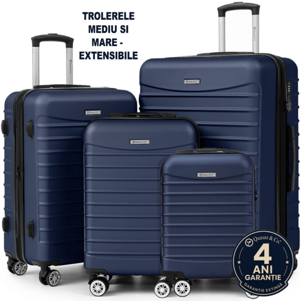 Set 4 trolere Quasar & Co.®, XS/S/M/L, valize cu fermoar antifurt, bagaje mana/cala, cu cifru, maner telescopic, geamantane cu 4 roti duble silentioase 360°, ABS, cate 2 compartimente cu buzunar, LINE, bleumarin