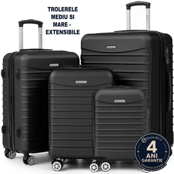 Set 4 trolere Quasar & Co.®, XS/S/M/L, valize cu fermoar antifurt, bagaje mana/cala, cu cifru, maner telescopic, geamantane cu 4 roti duble silentioase 360°, ABS, cate 2 compartimente cu buzunar, LINE, negru