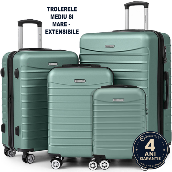 Set 4 trolere Quasar & Co.®, XS/S/M/L, valize cu fermoar antifurt, bagaje mana/cala, cu cifru, maner telescopic, geamantane cu 4 roti duble silentioase 360°, ABS, cate 2 compartimente cu buzunar, LINE, turcoaz deschis