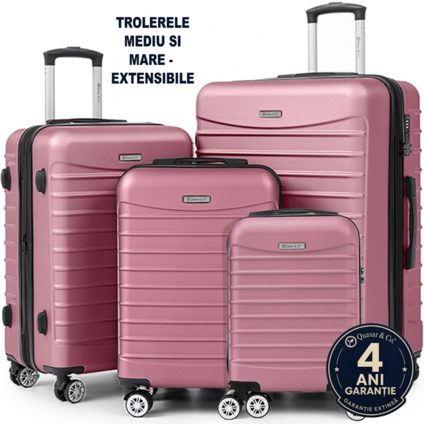 Set 4 trolere Quasar & Co.®, XS/S/M/L, valize cu fermoar antifurt, bagaje mana/cala, cu cifru, maner telescopic, geamantane cu 4 roti duble silentioase 360°, ABS, cate 2 compartimente cu buzunar, LINE, roz pudrat