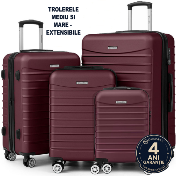 Set 4 trolere Quasar & Co.®, XS/S/M/L, valize cu fermoar antifurt, bagaje mana/cala, cu cifru, maner telescopic, geamantane cu 4 roti duble silentioase 360°, ABS, cate 2 compartimente cu buzunar, LINE, visiniu