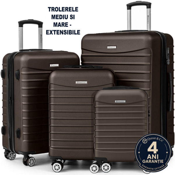 Set 4 trolere Quasar & Co.®, XS/S/M/L, valize cu fermoar antifurt, bagaje mana/cala, cu cifru, maner telescopic, geamantane cu 4 roti duble silentioase 360°, ABS, cate 2 compartimente cu buzunar, LINE, dark coffee