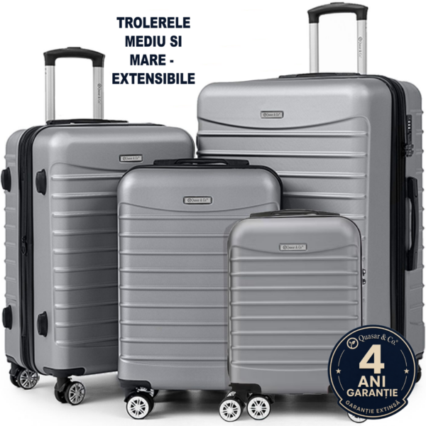 Set 4 trolere Quasar & Co.®, XS/S/M/L, valize cu fermoar antifurt, bagaje mana/cala, cu cifru, maner telescopic, geamantane cu 4 roti duble silentioase 360°, ABS, cate 2 compartimente cu buzunar, LINE, argintiu