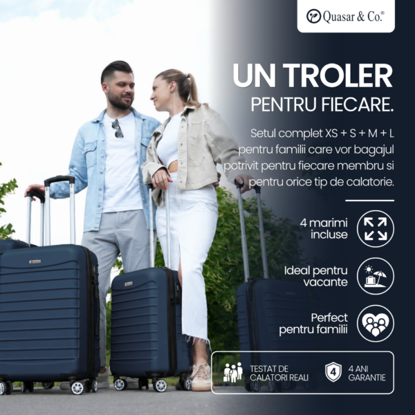 Set 4 trolere Quasar & Co.®, XS/S/M/L, valize cu fermoar antifurt, bagaje mana/cala, cu cifru, maner telescopic, geamantane cu 4 roti duble silentioase 360°, ABS, cate 2 compartimente cu buzunar, LINE, bleumarin