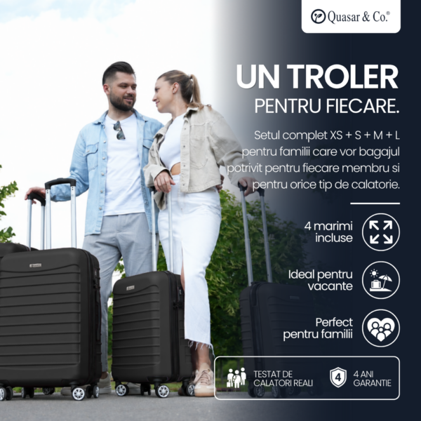 Set 4 trolere Quasar & Co.®, XS/S/M/L, valize cu fermoar antifurt, bagaje mana/cala, cu cifru, maner telescopic, geamantane cu 4 roti duble silentioase 360°, ABS, cate 2 compartimente cu buzunar, LINE, negru