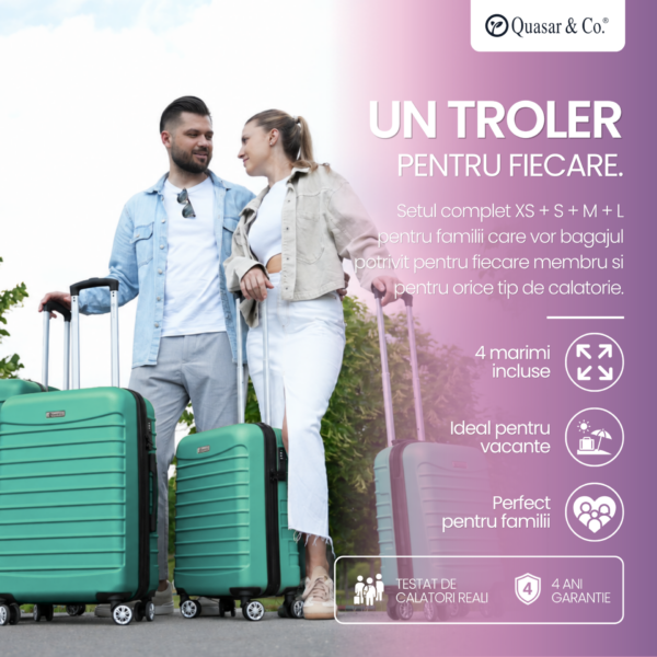 Set 4 trolere Quasar & Co.®, XS/S/M/L, valize cu fermoar antifurt, bagaje mana/cala, cu cifru, maner telescopic, geamantane cu 4 roti duble silentioase 360°, ABS, cate 2 compartimente cu buzunar, LINE, turcoaz deschis