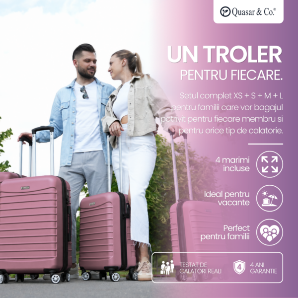 Set 4 trolere Quasar & Co.®, XS/S/M/L, valize cu fermoar antifurt, bagaje mana/cala, cu cifru, maner telescopic, geamantane cu 4 roti duble silentioase 360°, ABS, cate 2 compartimente cu buzunar, LINE, roz pudrat