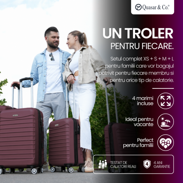 Set 4 trolere Quasar & Co.®, XS/S/M/L, valize cu fermoar antifurt, bagaje mana/cala, cu cifru, maner telescopic, geamantane cu 4 roti duble silentioase 360°, ABS, cate 2 compartimente cu buzunar, LINE, visiniu
